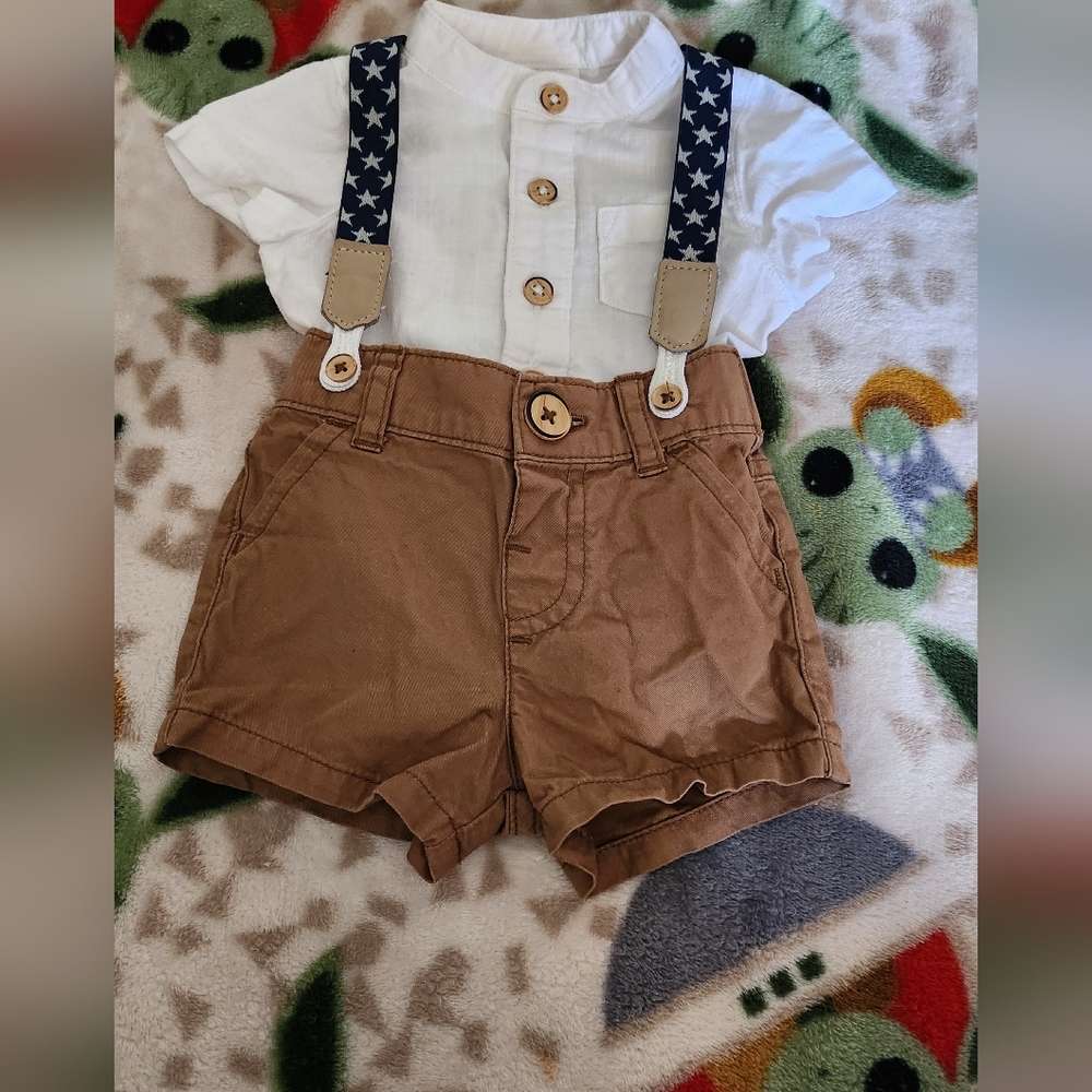 NB Cat&Jack Boy Outfit - White Button Shirt & Brown Shorts with Star Suspende